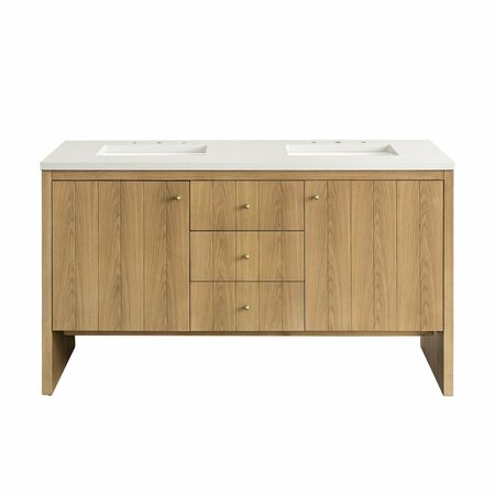 JAMES MARTIN VANITIES Hudson 60in Double Vanity, Light Natural Oak w/ 3 CM White Zeus Top 435-V60D-LNO-3WZ